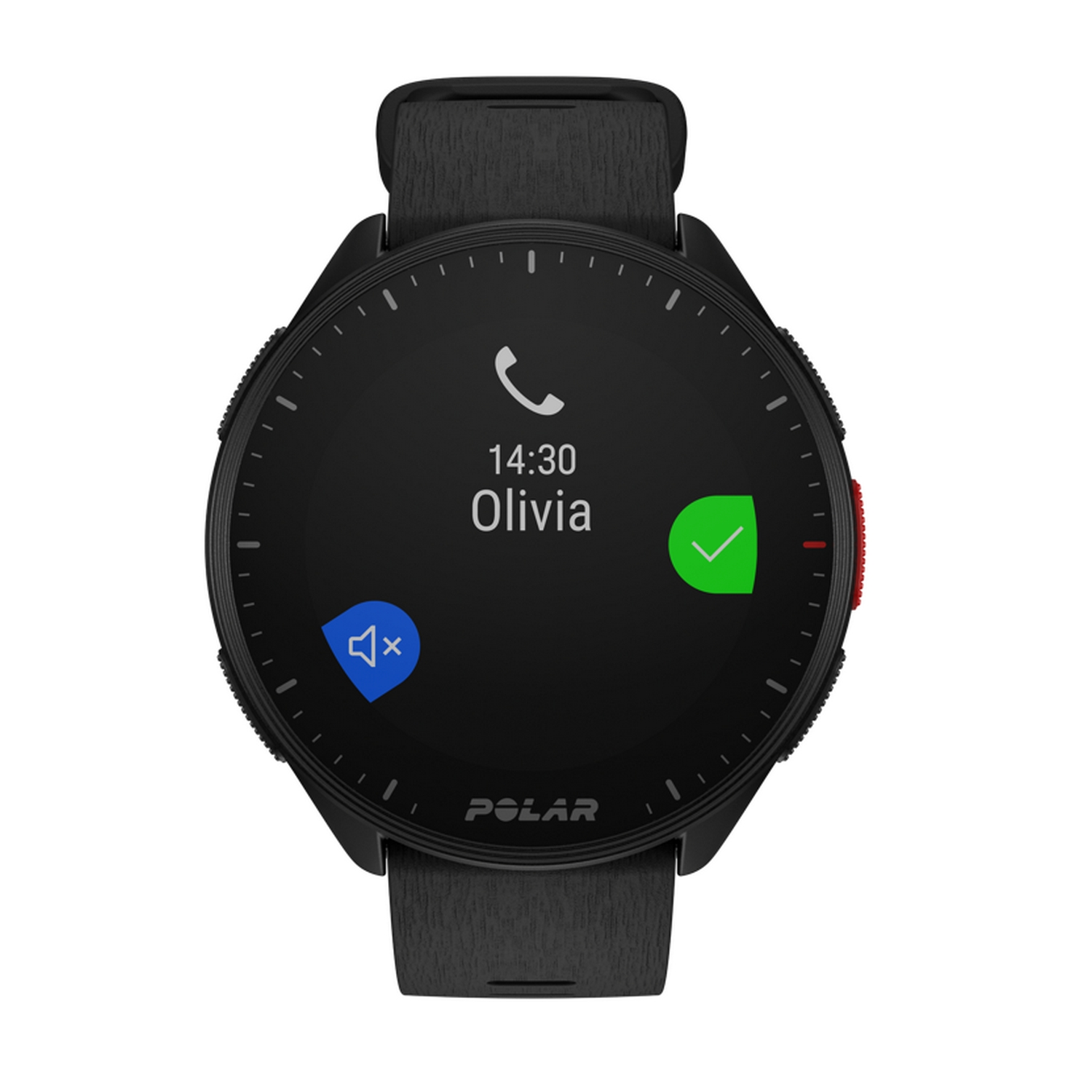 Smartwatch negra con icono de teléfono e información de llamada: Olivia, 14:30.