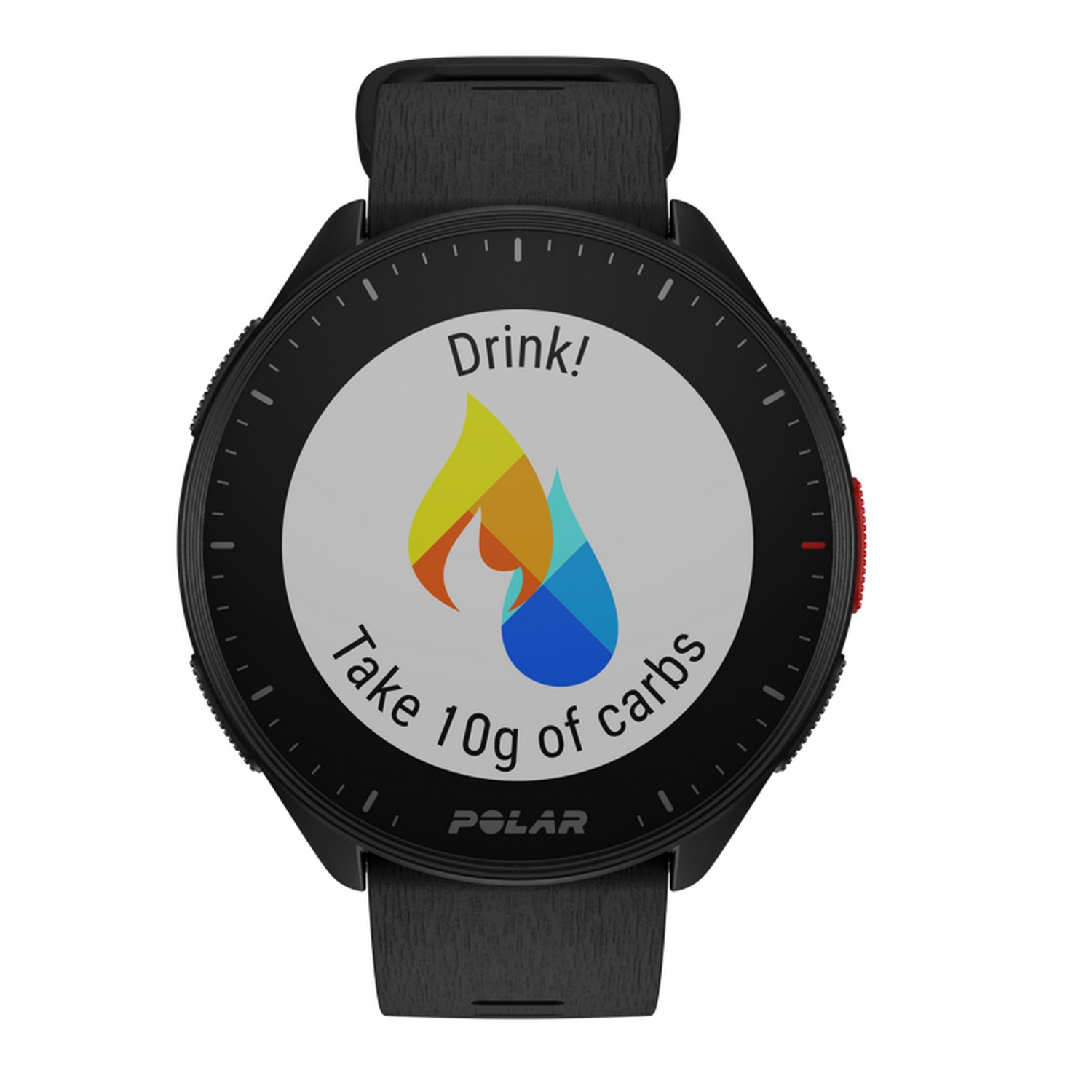 Un reloj inteligente Polar negro con una pantalla que muestra recordatorios de bebida y carbohidratos. Un botón rojo está en el costado.
