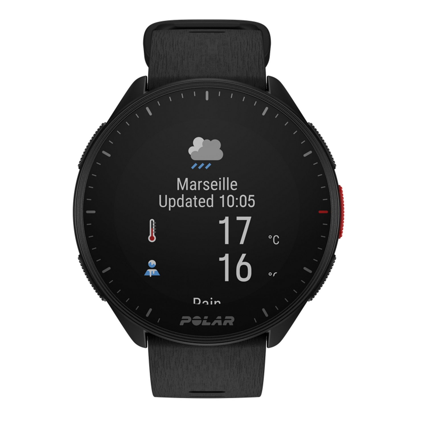Un smartwatch POLAR negro que muestra información meteorológica y la hora.