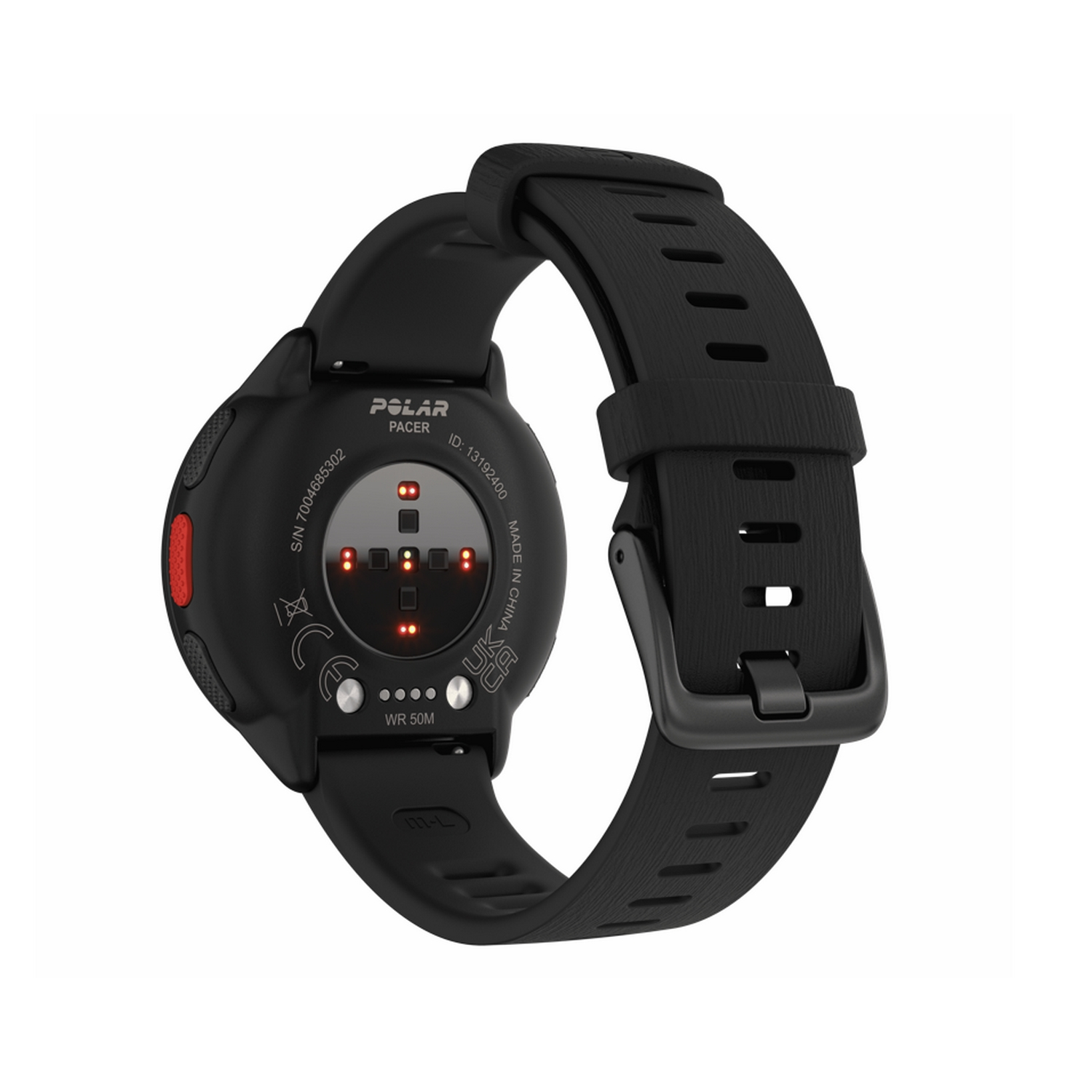 Parte trasera del reloj inteligente negro con sensores y correa. Acentos rojos. Polar, Pacer.