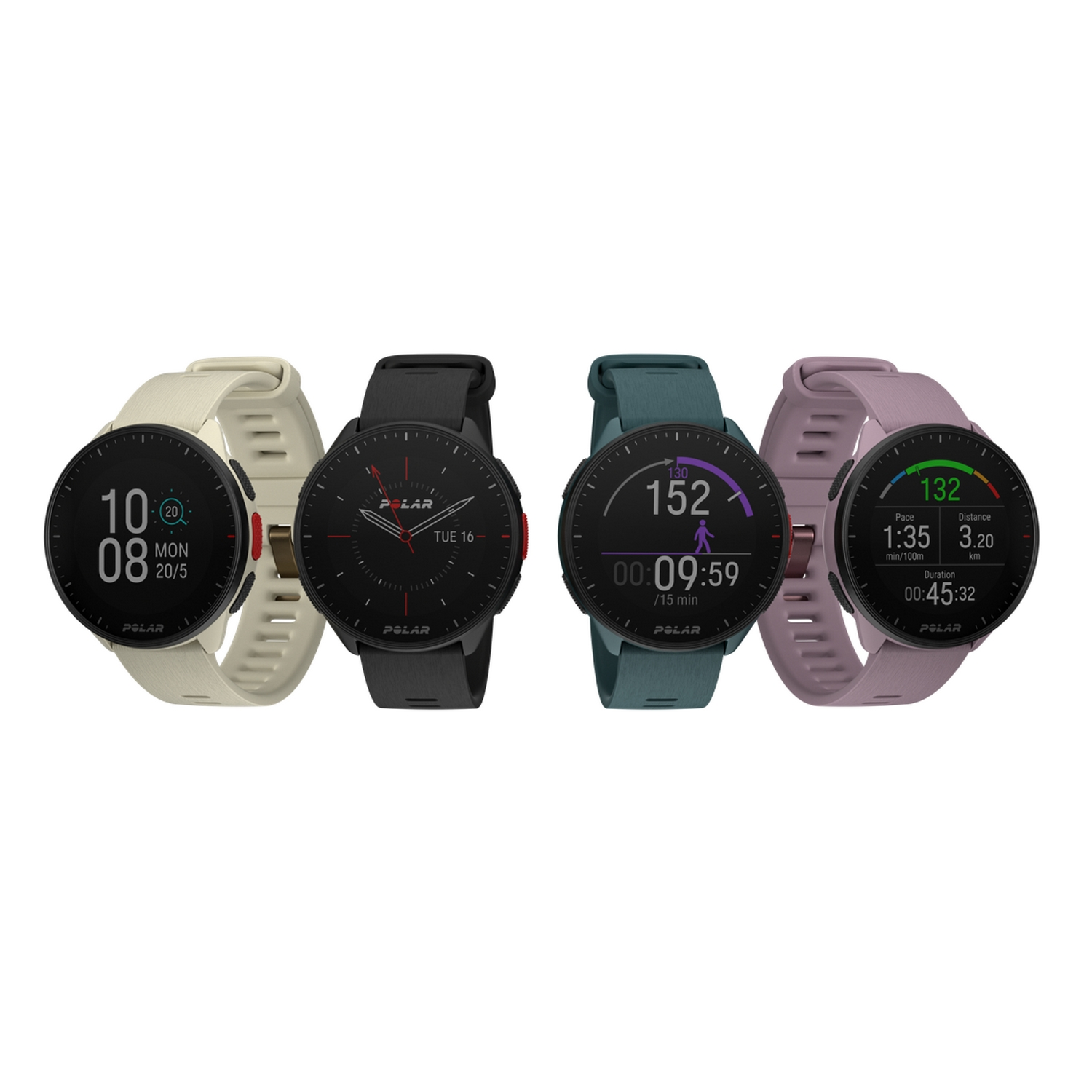Cuatro relojes inteligentes con correas de diferentes colores.