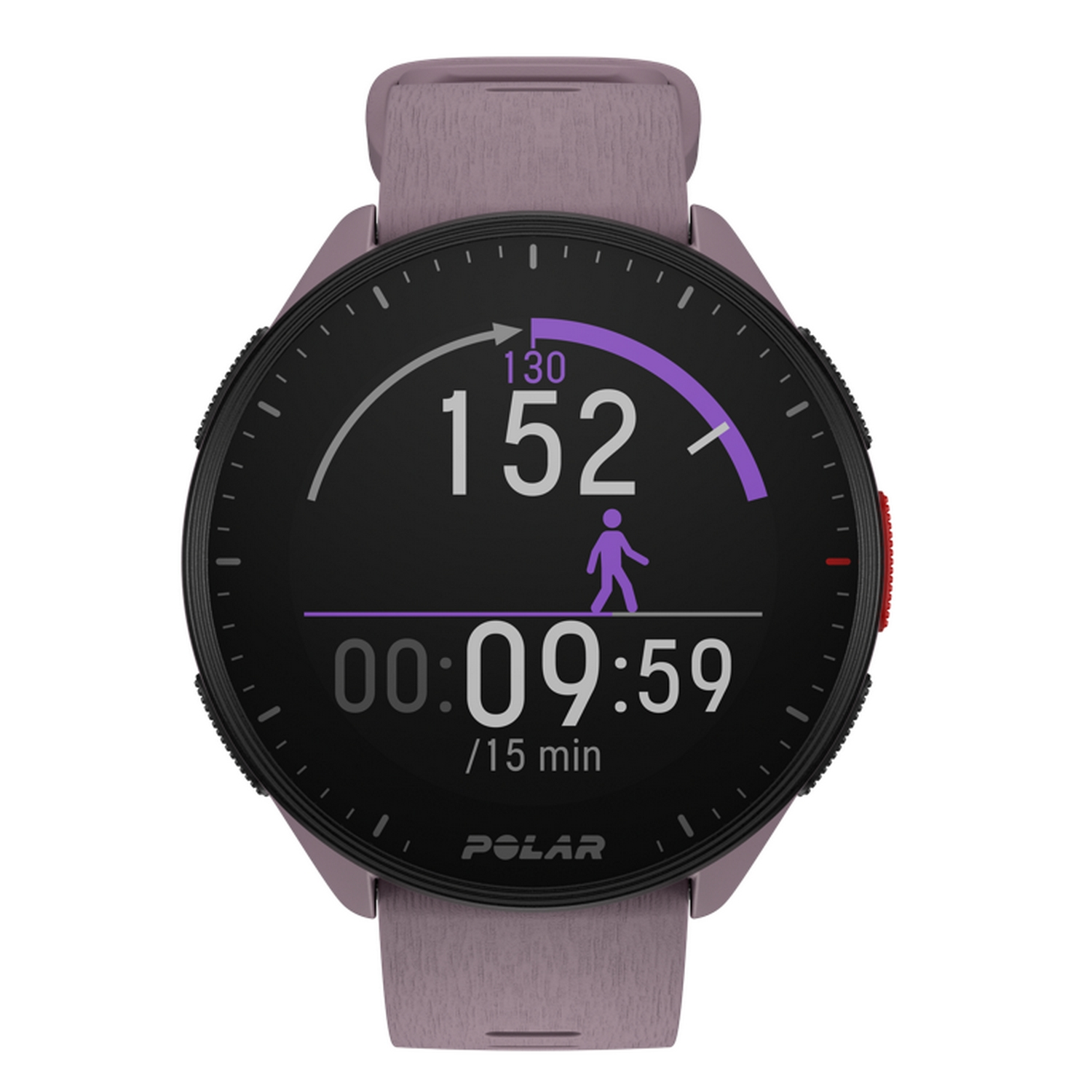 Un reloj inteligente muestra la hora, la frecuencia cardíaca y datos de entrenamiento. La correa es morada.
