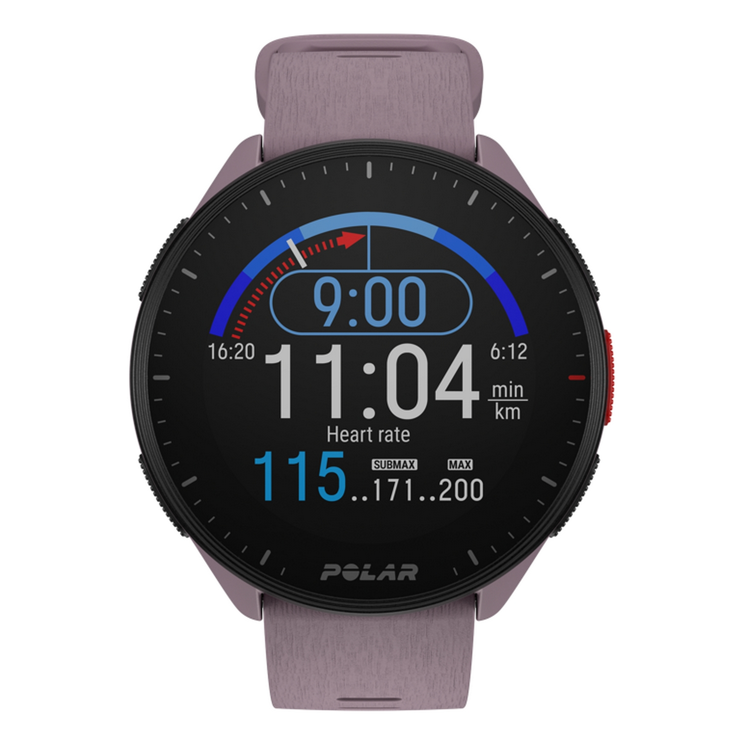 Una pantalla de reloj inteligente muestra la hora, la frecuencia cardíaca y otros datos. El reloj tiene una correa morada.