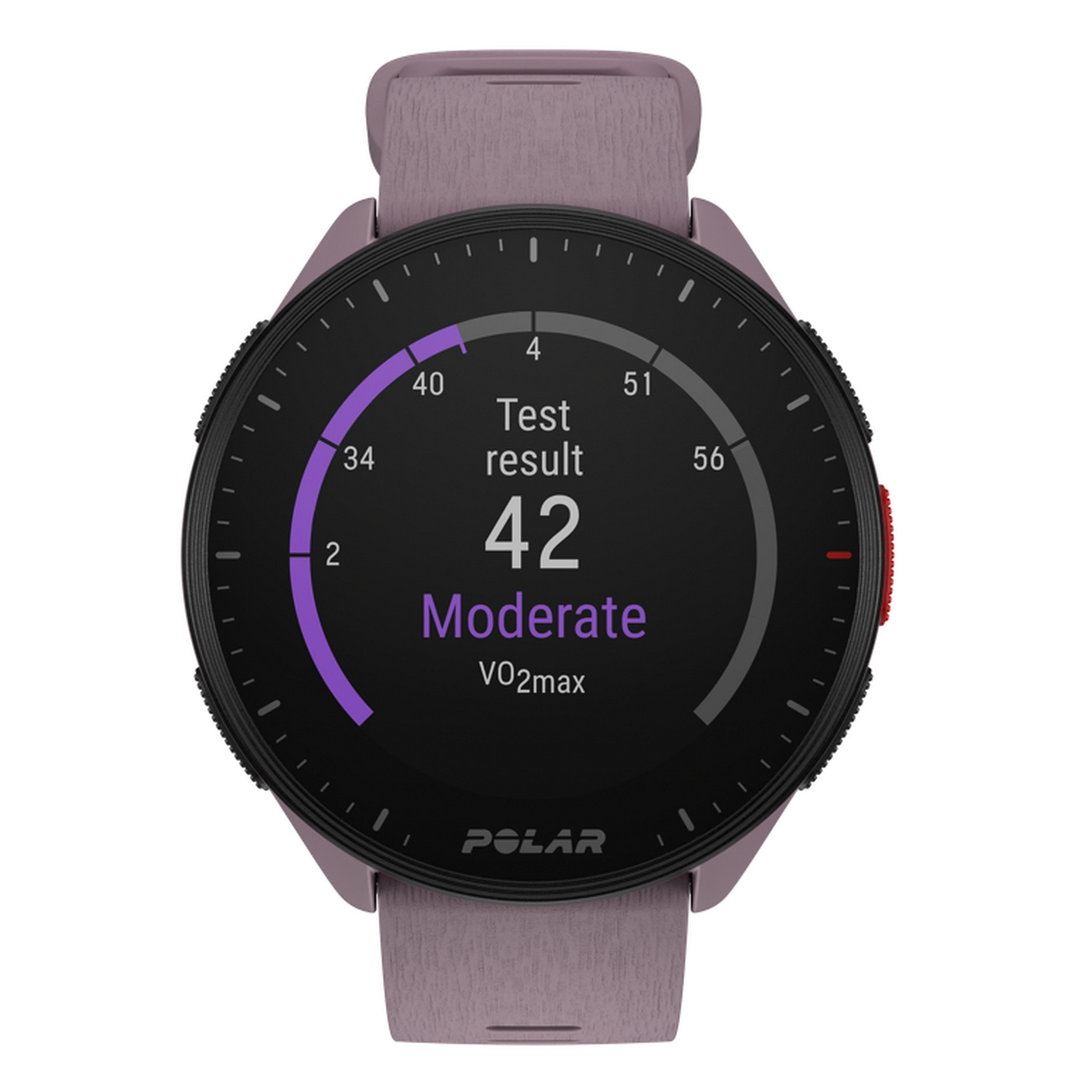 Un reloj inteligente muestra 'Resultado de la prueba 42 Moderado VO2max' en negro y morado.
