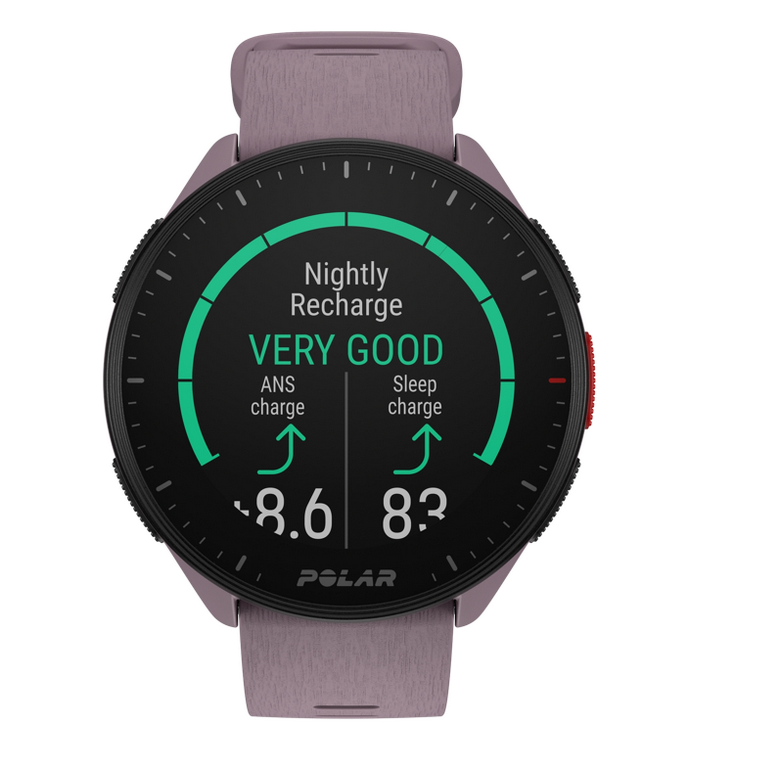 Un reloj inteligente con una pantalla negra que muestra una puntuación de sueño. La marca es POLAR.