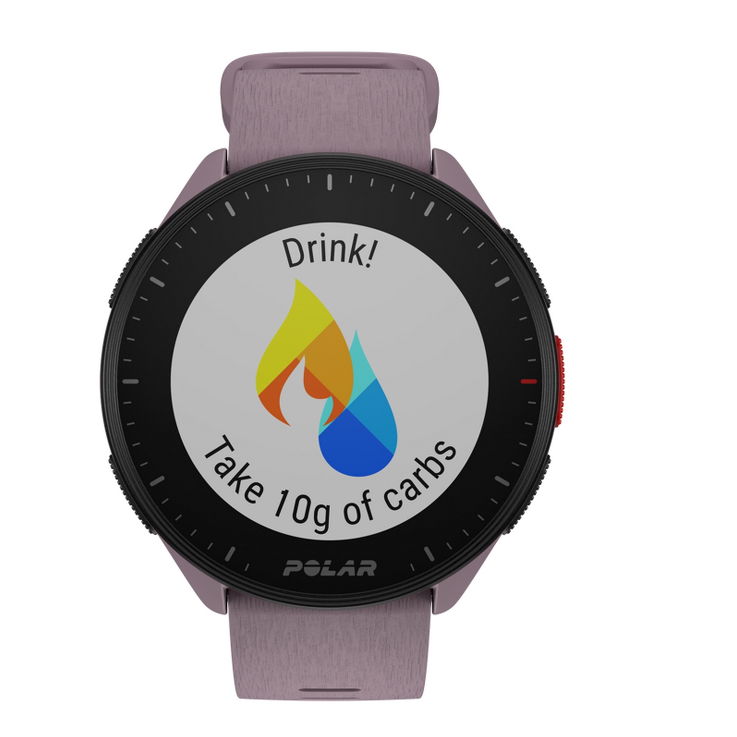 Un reloj inteligente Polar muestra una pantalla con un icono de llama y gota de agua y el texto: ¡Toma 10 g de carbohidratos. ¡Bebe!