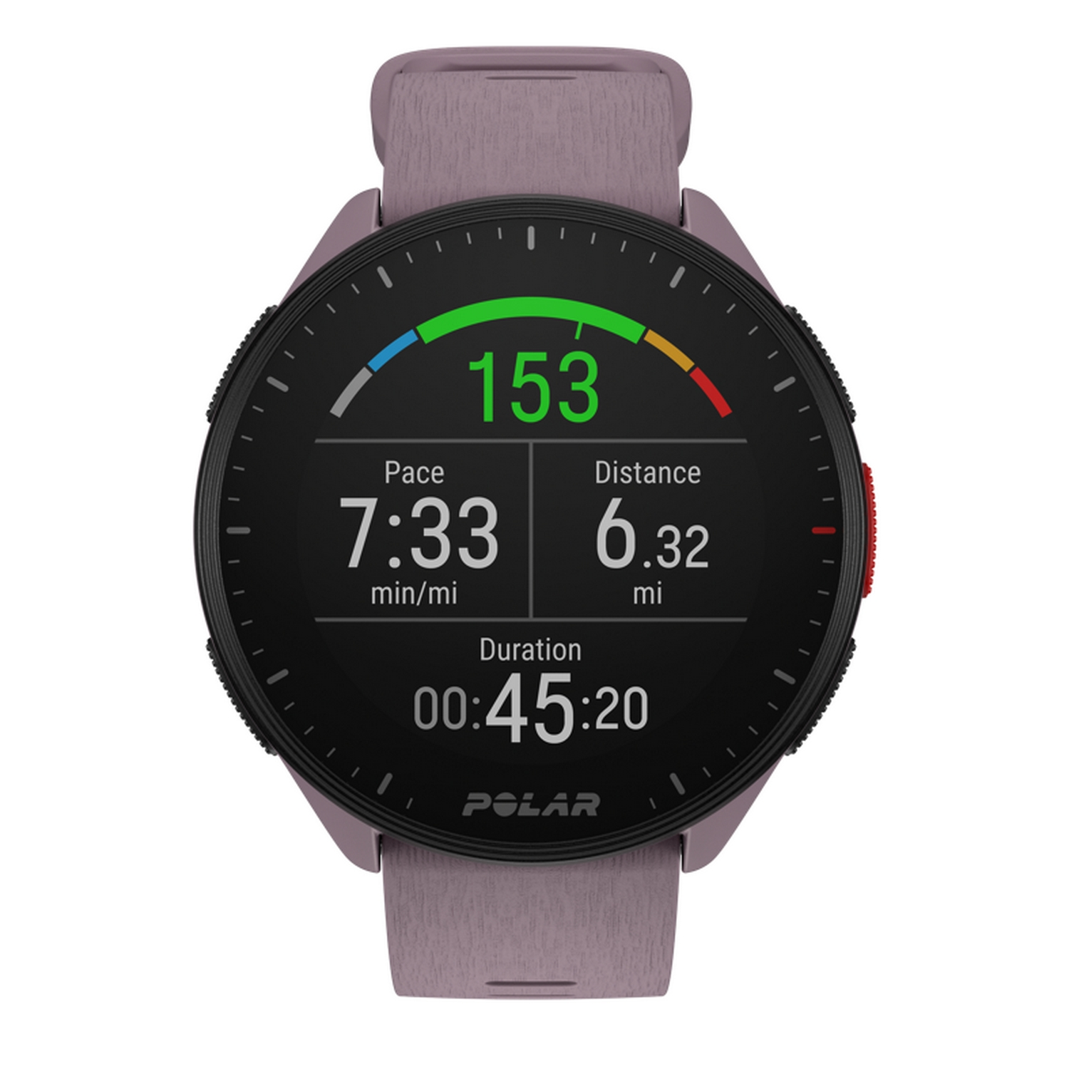 Un reloj inteligente morado muestra el ritmo, la distancia y la duración. El reloj tiene una pantalla negra circular.