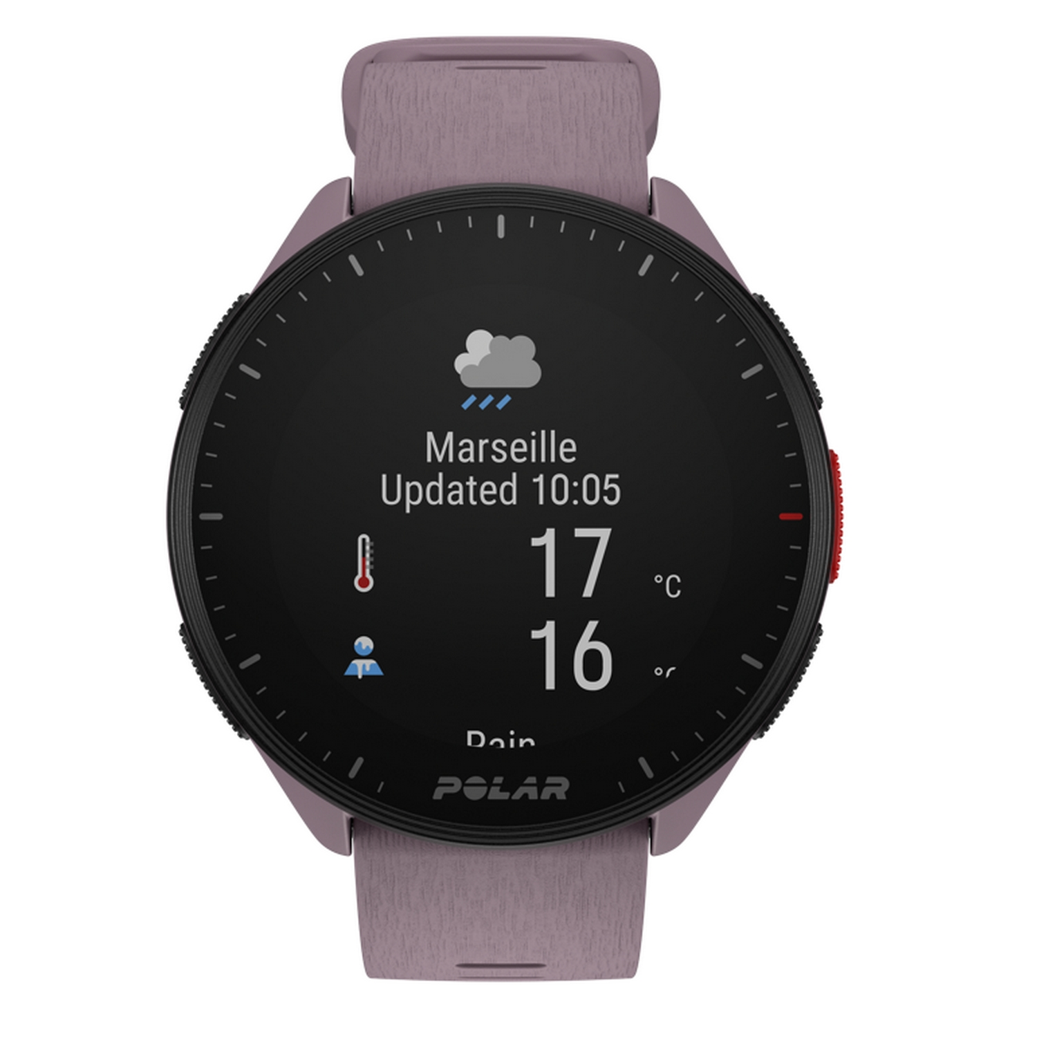 Un smartwatch que muestra el tiempo y la temperatura, con una correa morada.