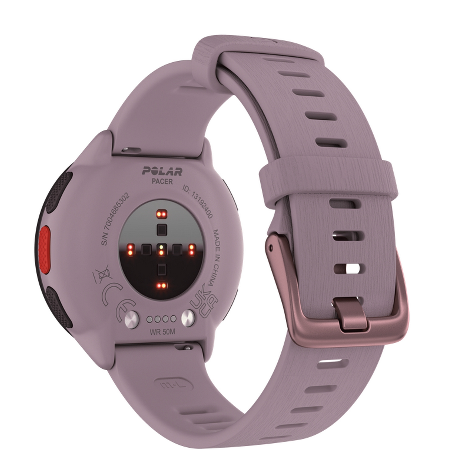 Parte trasera del reloj Polar Pacer, correa lila, cierre oro rosa, sensor FC.