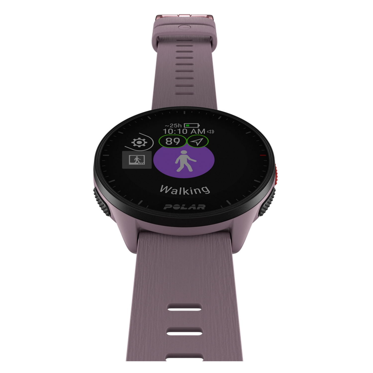 Un reloj inteligente Polar púrpura que muestra una actividad de caminar en la pantalla, con una banda púrpura.