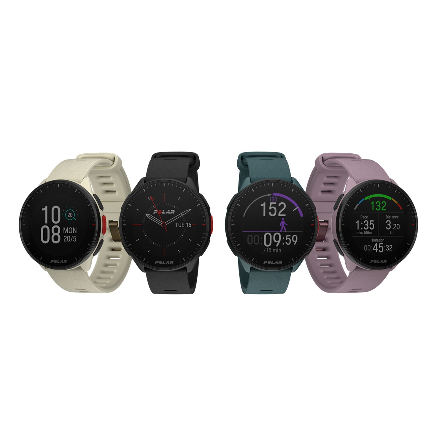 Cuatro relojes Polar con diferentes esferas y correas. Los relojes están en fila sobre un fondo blanco.