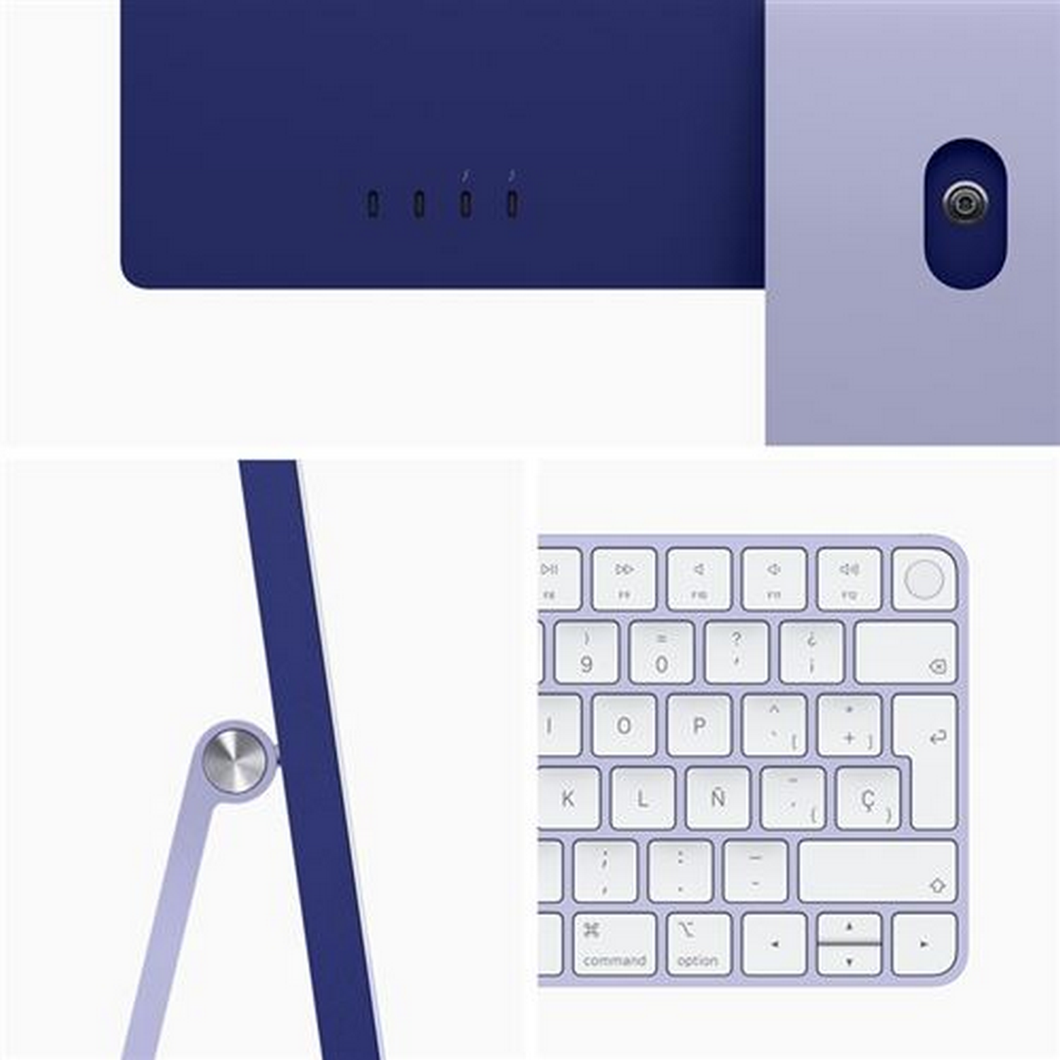 Primer plano de componentes de computadora morados: puertos, panel lateral, teclado y bisagra.