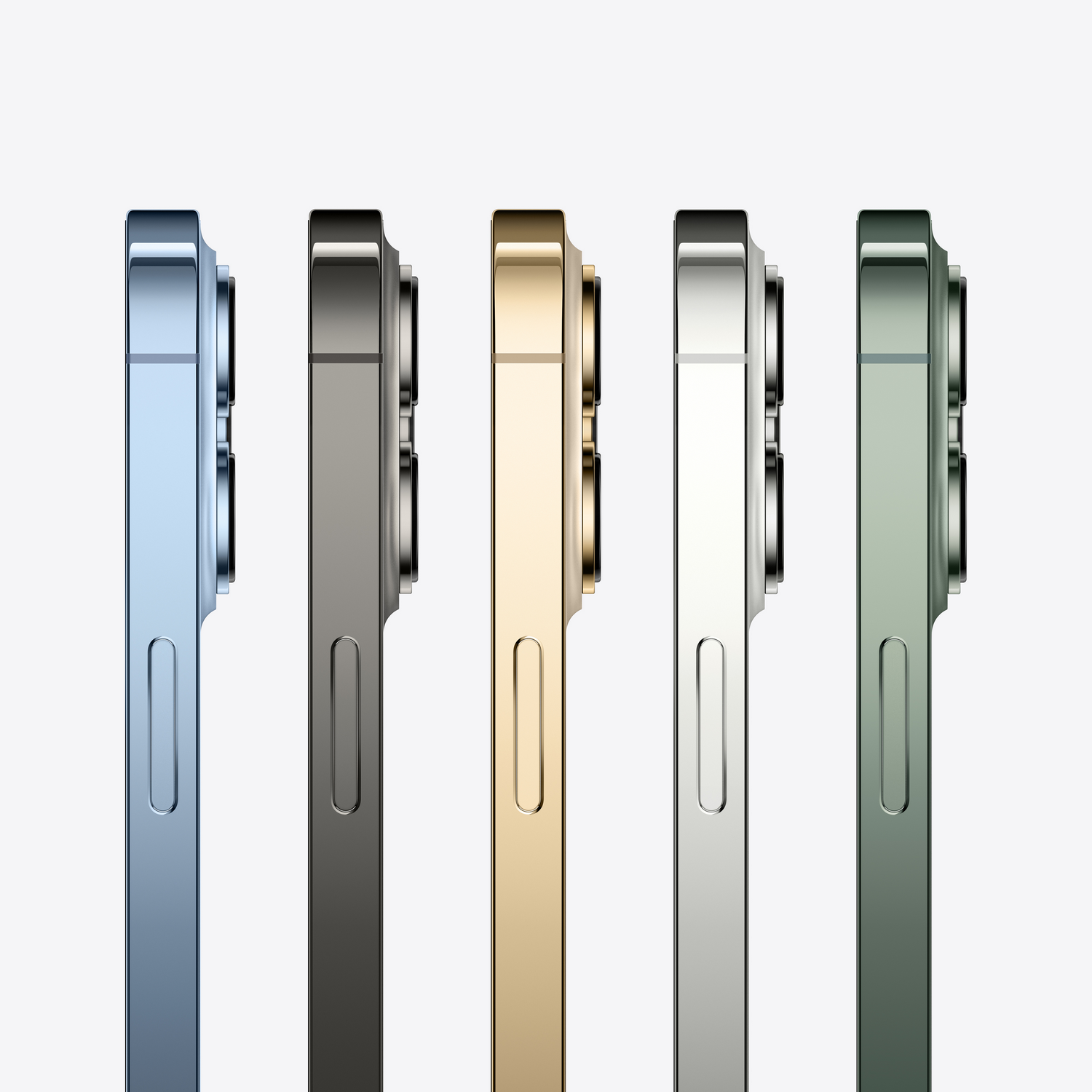Vista lateral de cinco modelos iPhone 13 Pro de diferentes colores. En tonos azul, gris, dorado, plateado y verde.