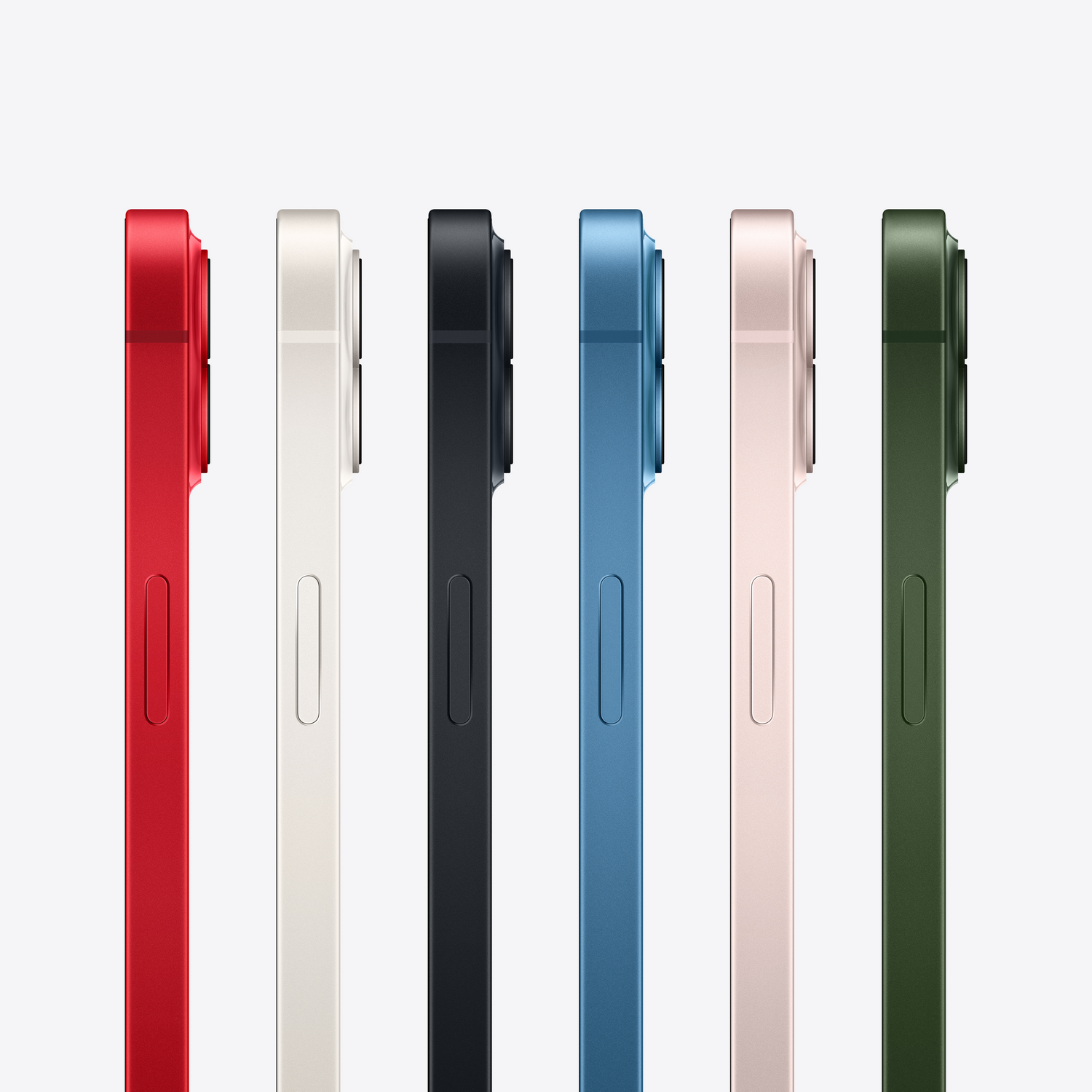 Vista lateral de seis iPhones en distintos colores: rojo, blanco, negro, azul, rosa y verde.