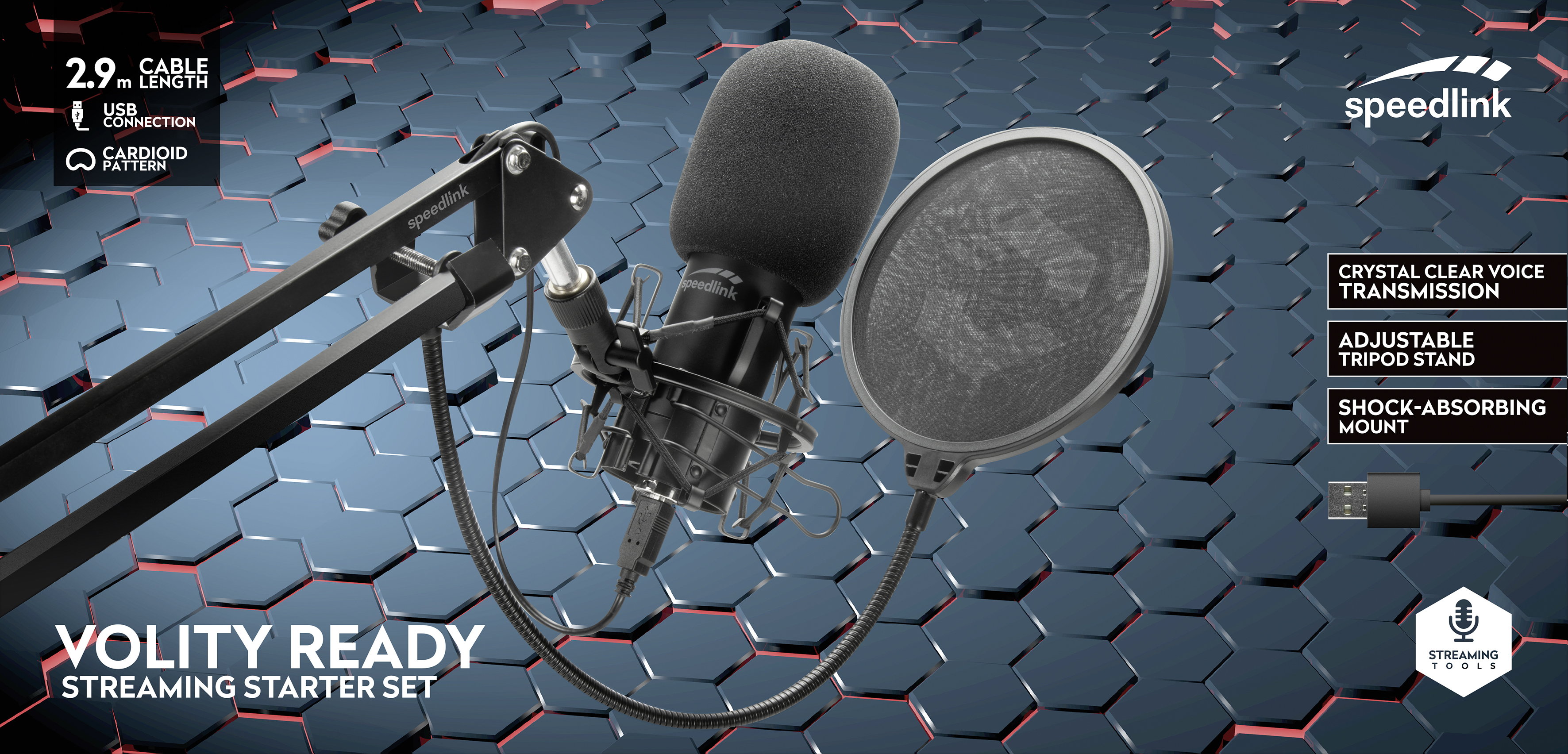 Ein Streaming-Starter-Kit auf blauem und rotem Hintergrund. Es enthält ein Mikrofon und einen Pop-Filter.