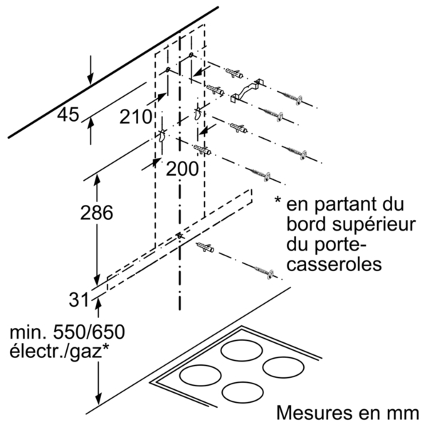 Dessin technique d'installation d'une hotte de cuisine avec dimensions et emplacements des vis, en français.
