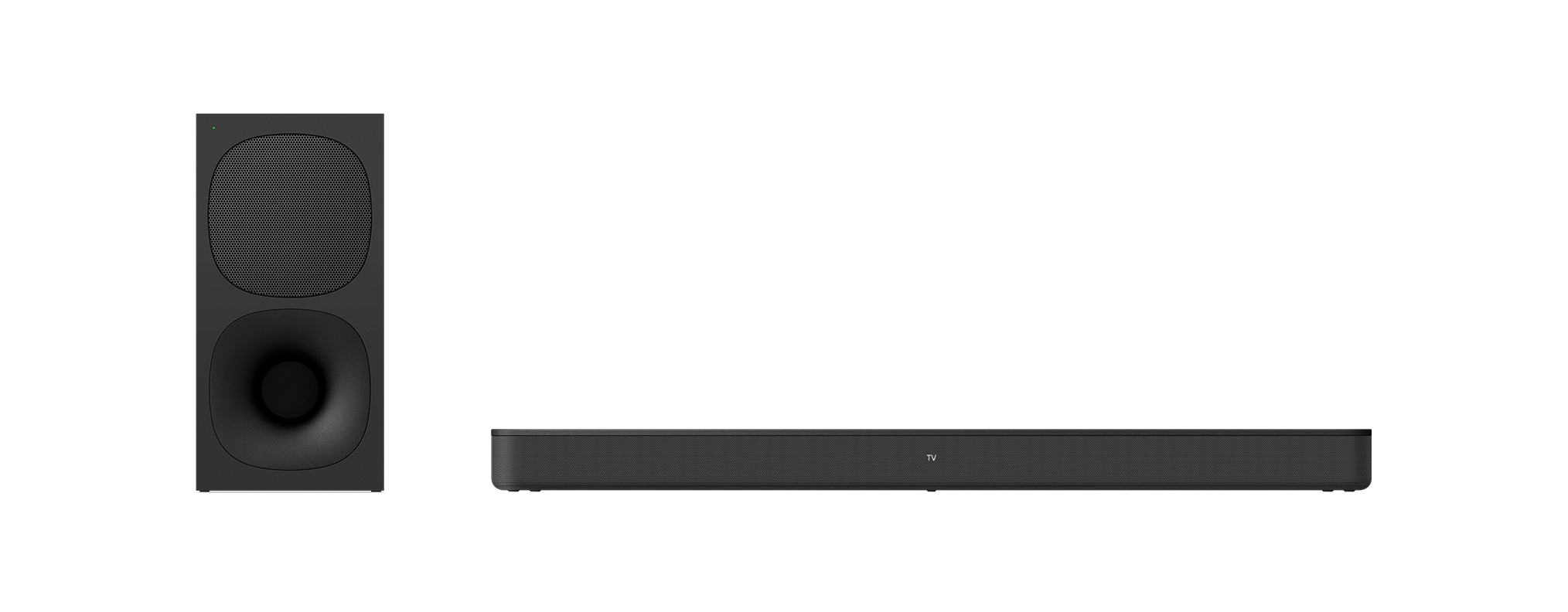 Ein schwarzes Soundbar- und Subwoofer-Set auf schwarzem Hintergrund.