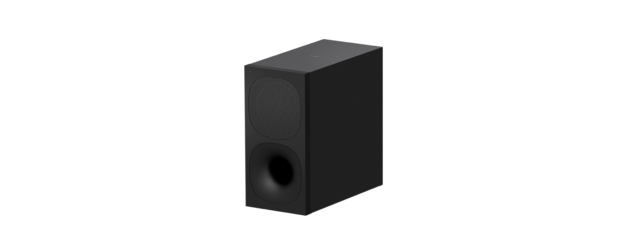 Ein schwarzer Subwoofer-Lautsprecher auf schwarzem Hintergrund.