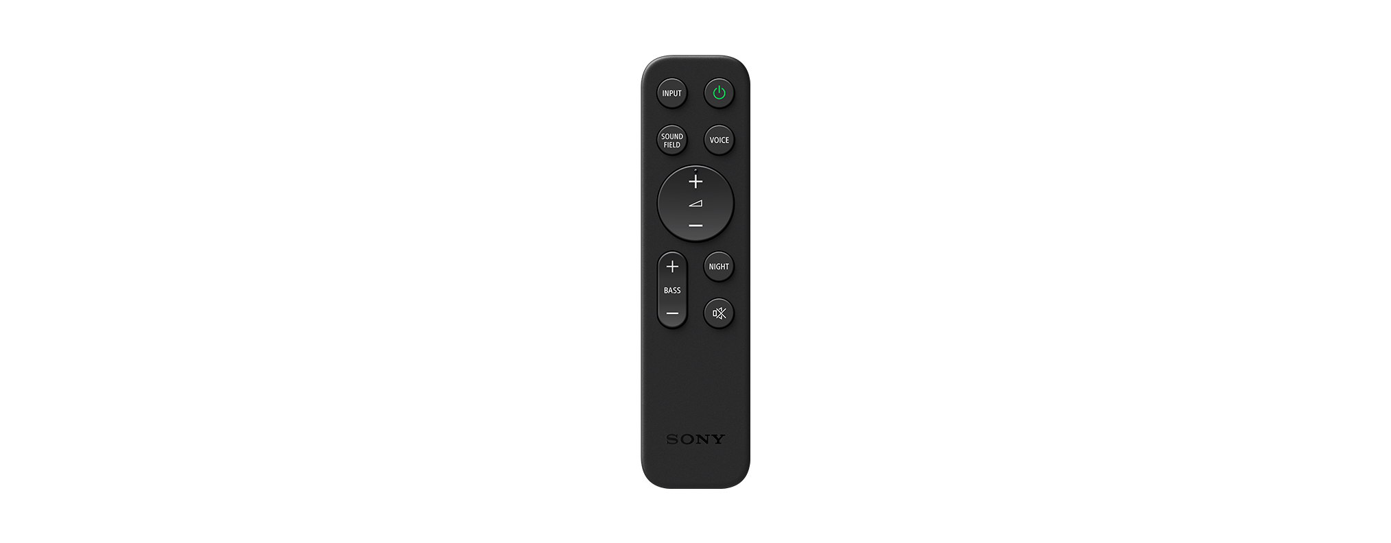 Eine schwarze Sony-Fernbedienung mit Tasten für Eingang und Lautstärke.