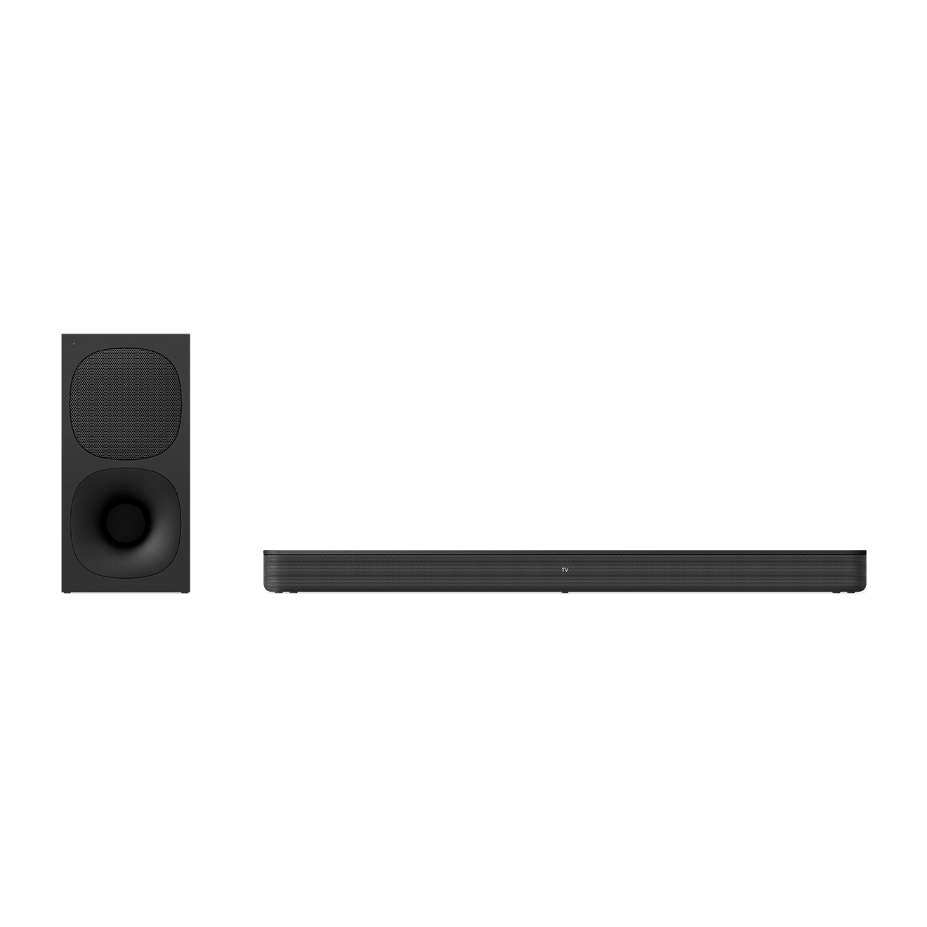Eine schwarze Soundbar und ein Subwoofer auf schwarzem Hintergrund.