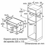 Dibujo técnico de un horno empotrado con dimensiones en milímetros.