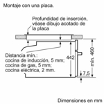 Diagrama técnico de instalación de electrodomésticos de cocina con medidas en español.