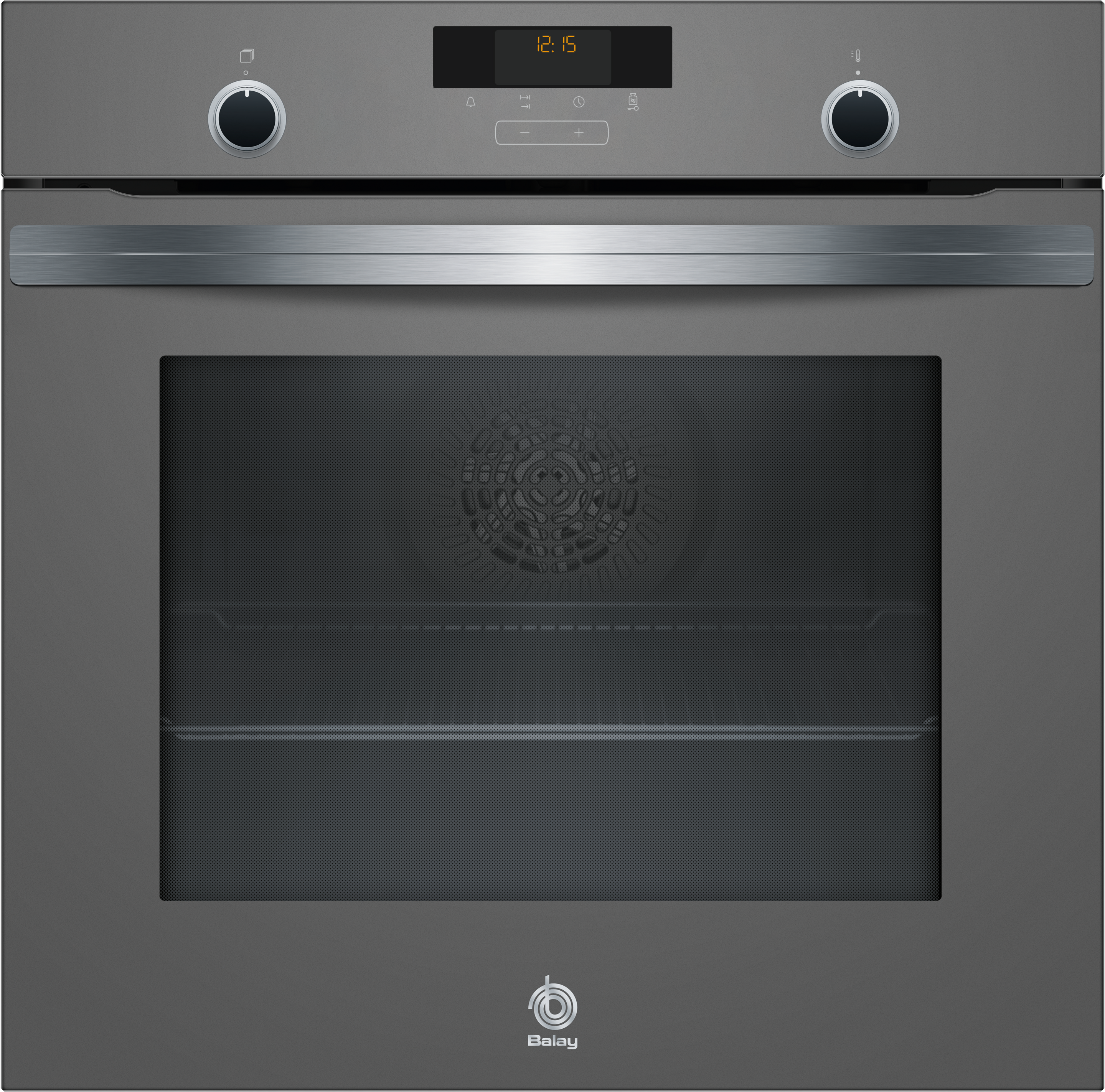 Horno empotrado gris oscuro con controles en la parte superior y puerta de vidrio.