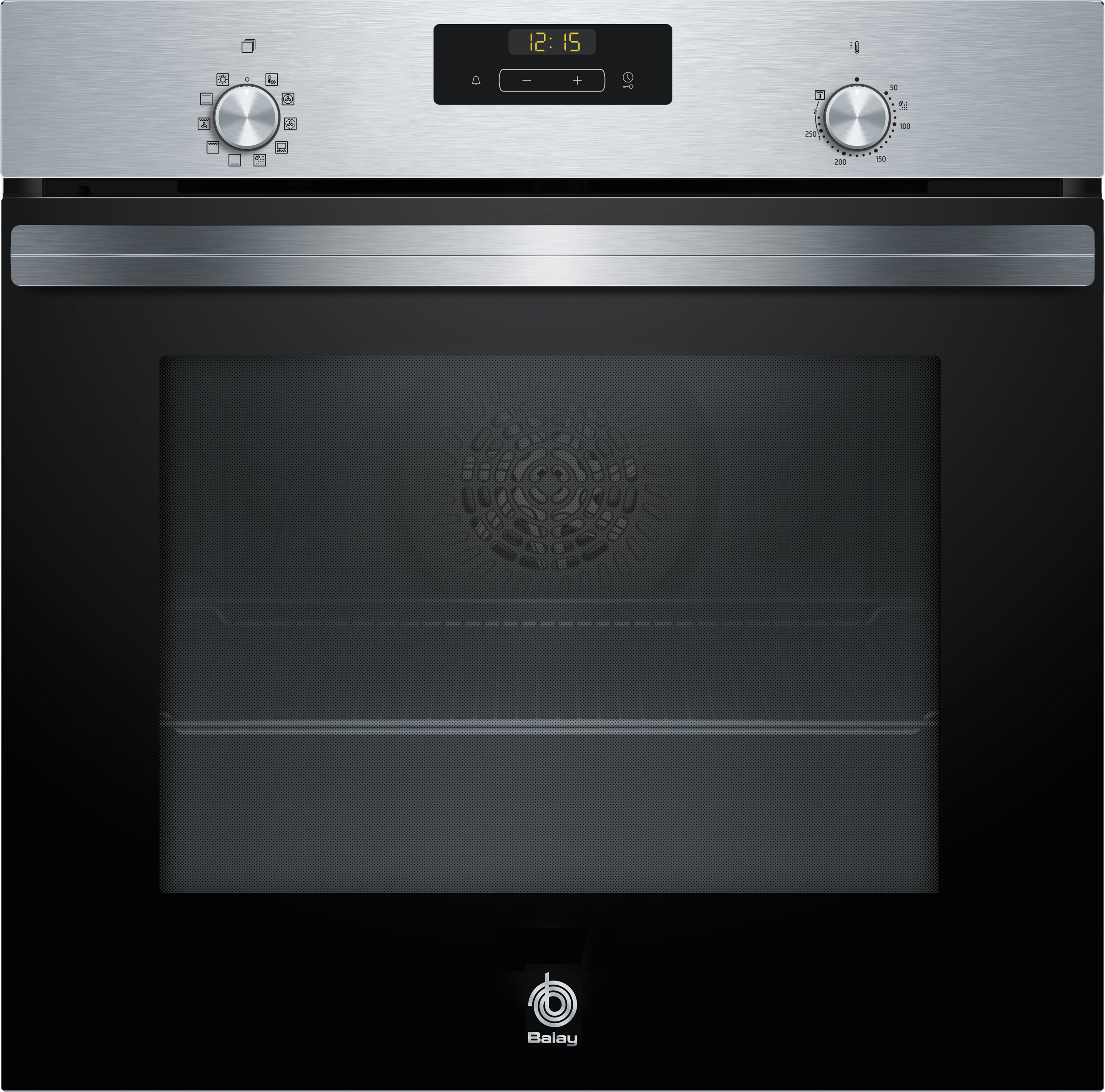 Un horno con la parte superior de acero inoxidable y puerta de vidrio negro, marca Balay.