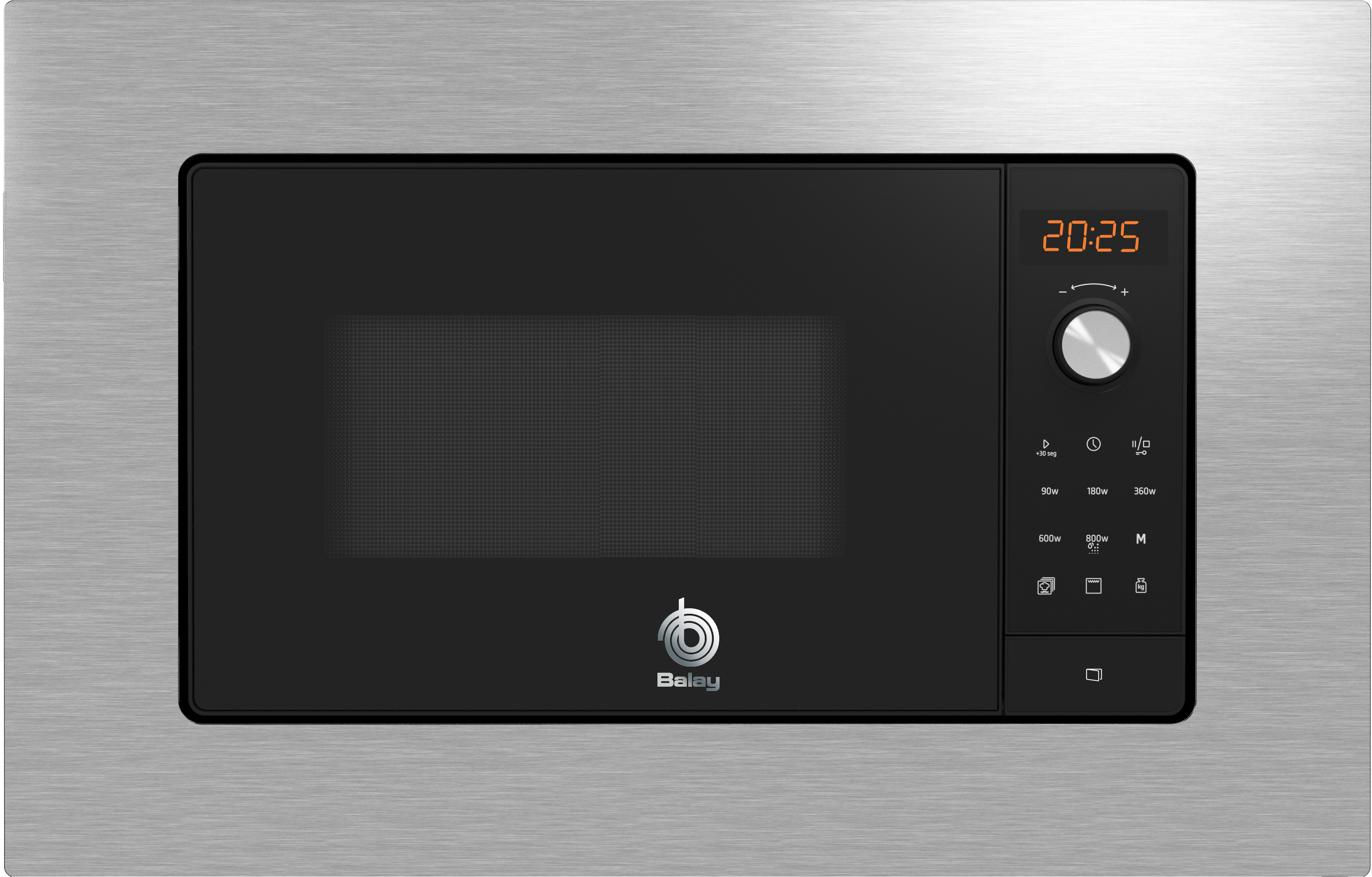 Un horno microondas empotrado con puerta negra, marco plateado y pantalla digital que muestra 20:25.