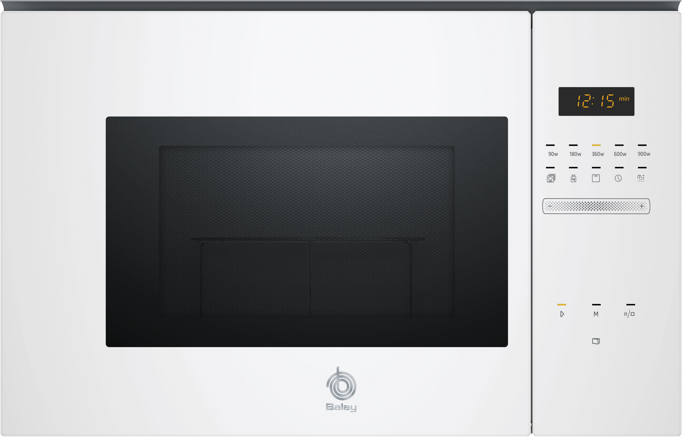 Un microondas blanco con puerta negra y panel de control a la derecha.