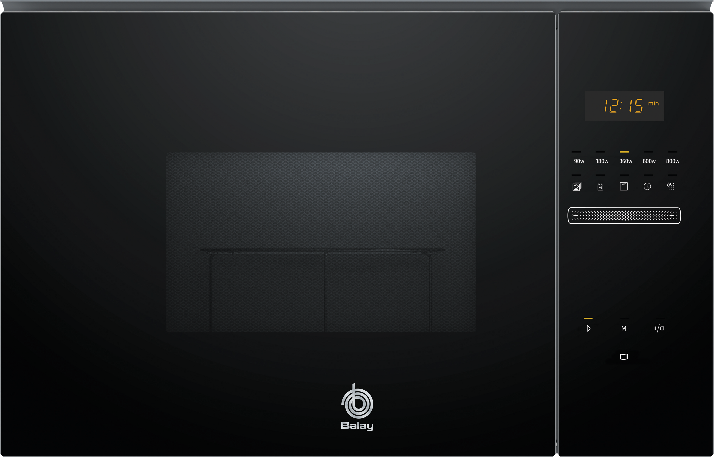 Microondas negro con pantalla digital que muestra la hora. Logotipo de Balay.
