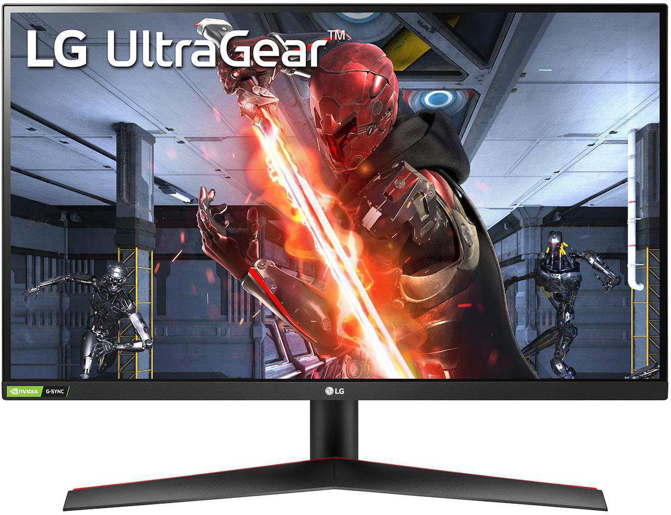 LG UltraGear Monitor, Action-Game-Szene, rot-schwarzer Ständer.