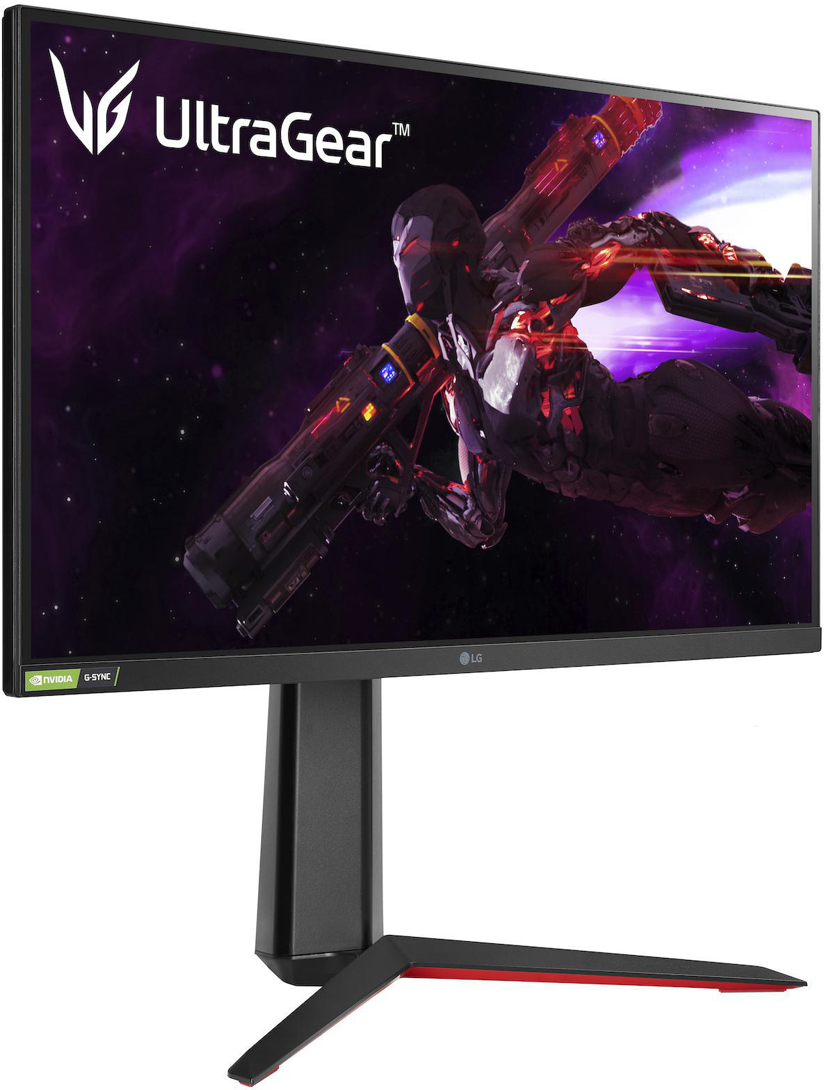 LG UltraGear Gaming-Monitor, der eine Spielszene mit einem Charakter und lila Hintergrund zeigt.