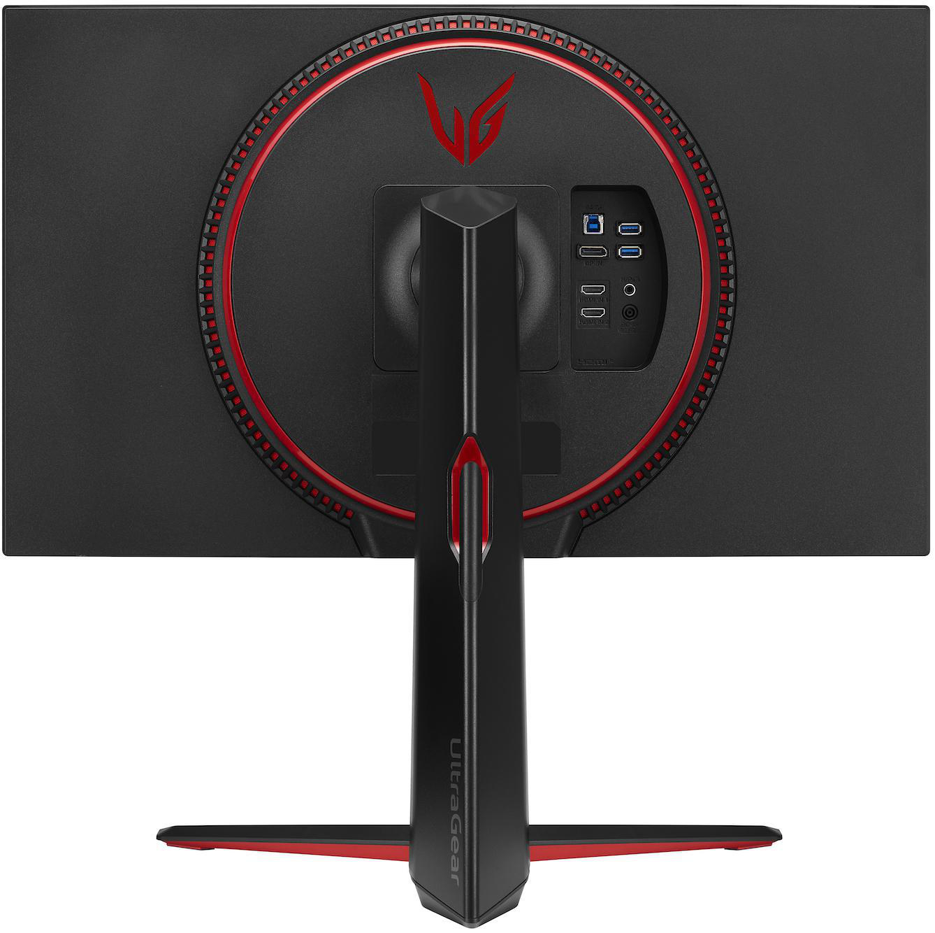 Rückseite eines schwarzen LG-Monitors mit roten Akzenten und Anschlüssen. Der Ständer ist schwarz mit rotem Streifen.