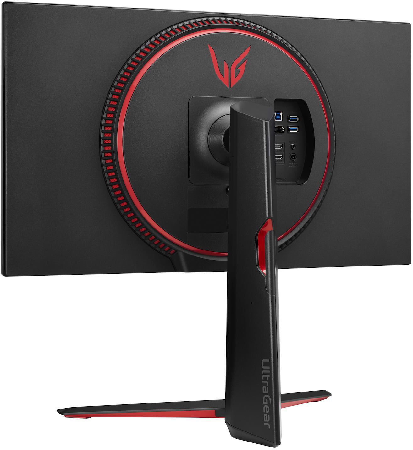 LG UltraGear Monitorrückseite, schwarz mit roten Akzenten, verschiedene Anschlüsse und Ständer.