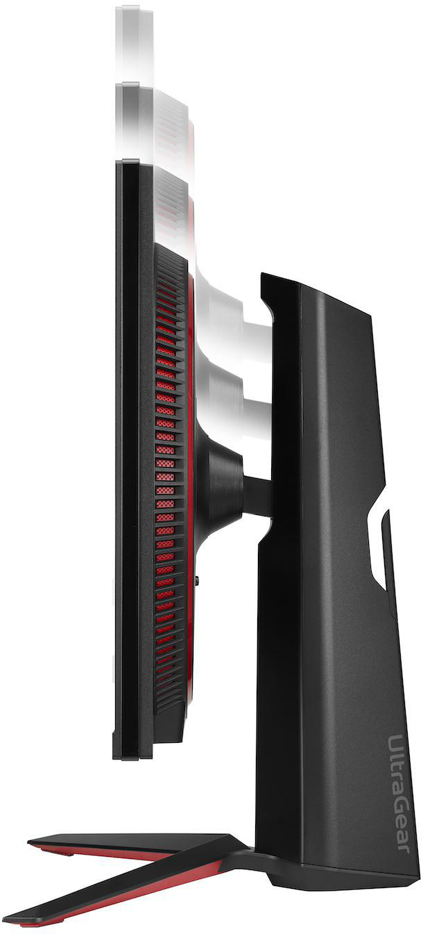 Ein schwarz-roter Computermonitor, Seitenansicht.