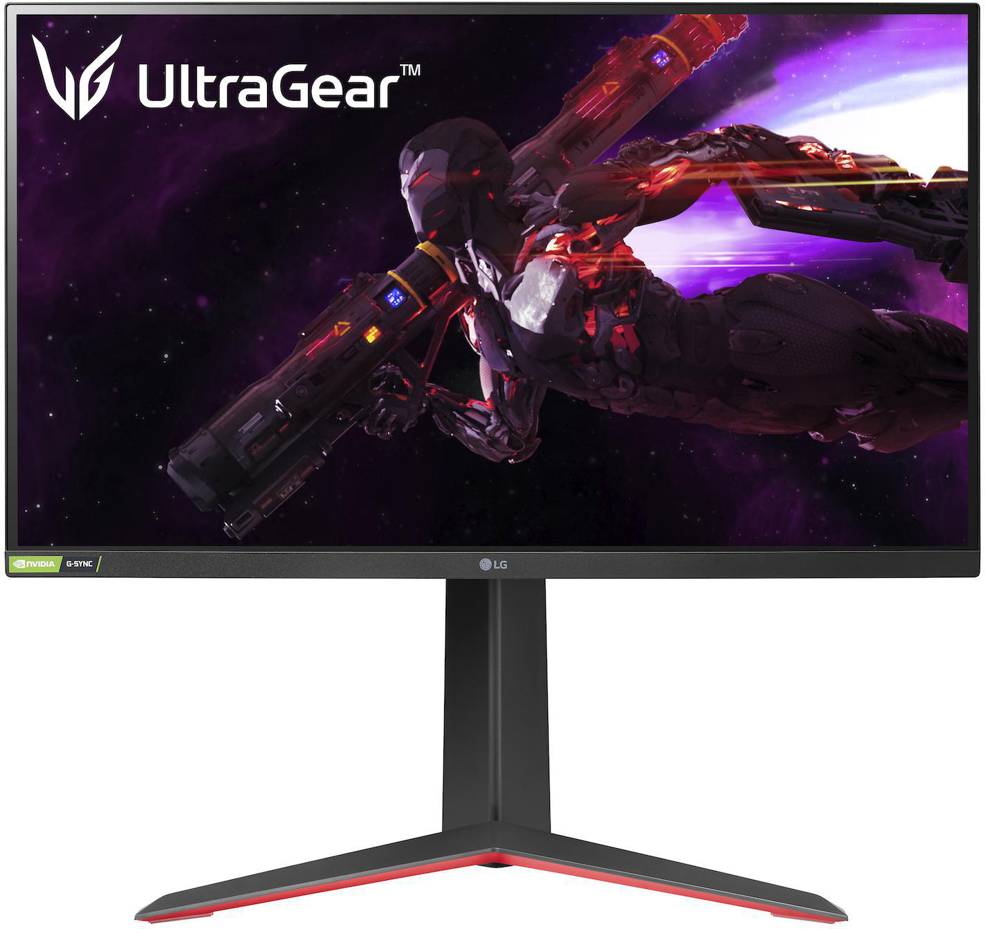 LG UltraGear Monitor mit futuristischem Design. Rote Akzente und dunkler Hintergrund.