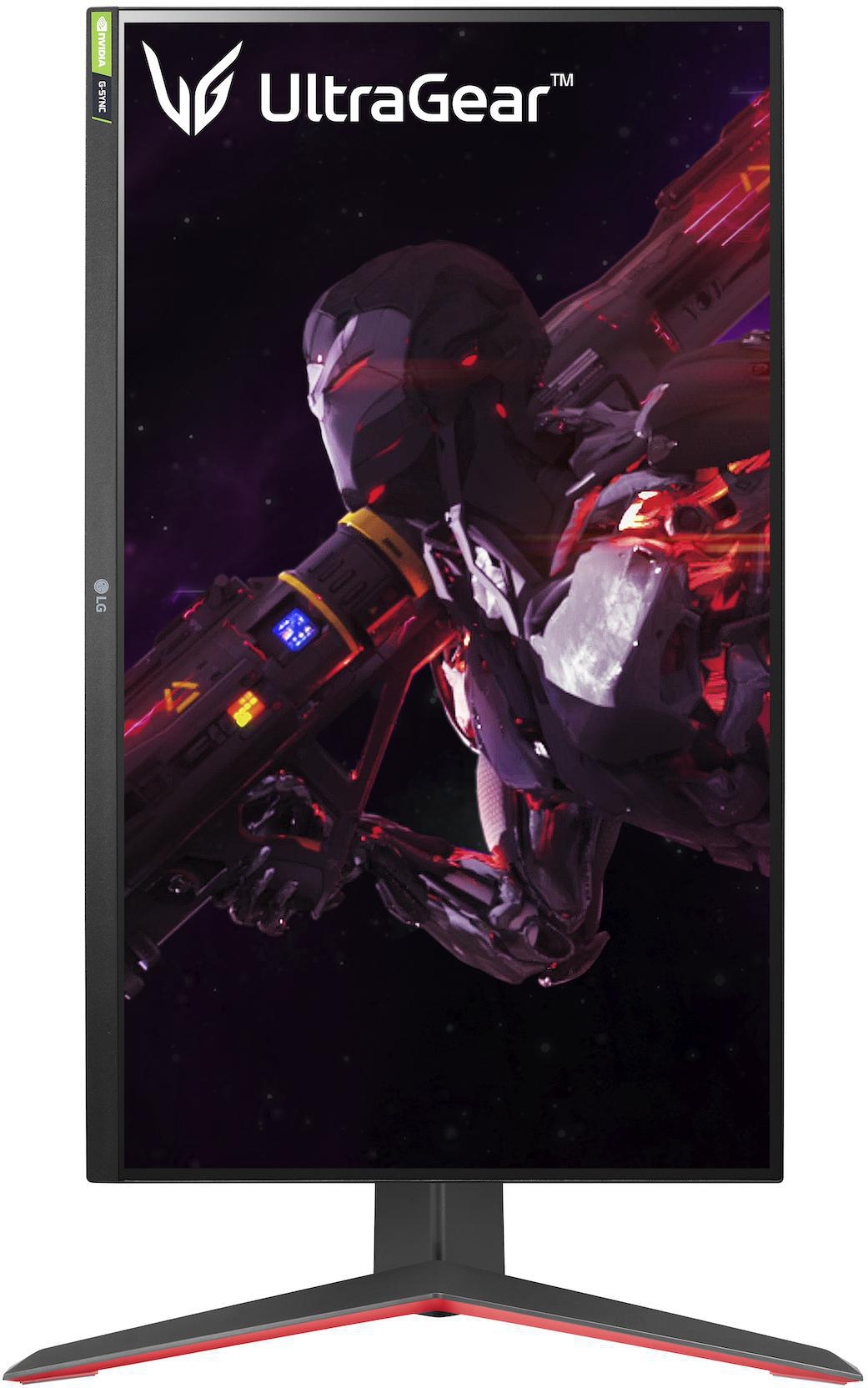 LG UltraGear Monitor, der eine Spielszene anzeigt. Der Monitor hat einen roten Ständer und einen schmalen Rahmen.