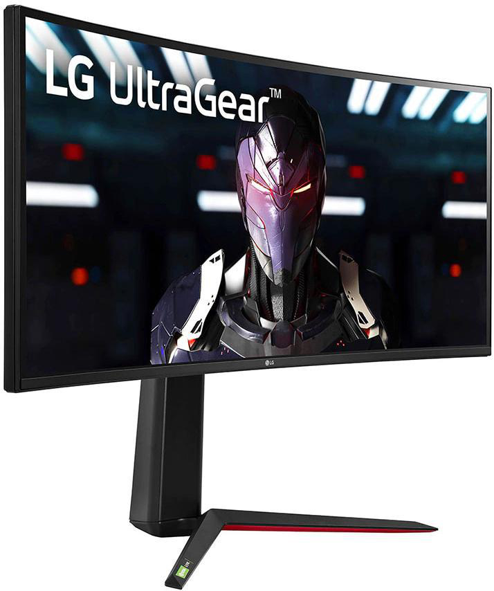 Gebogener Monitor mit Spielszene. Schwarzer Sockel und Ständer.