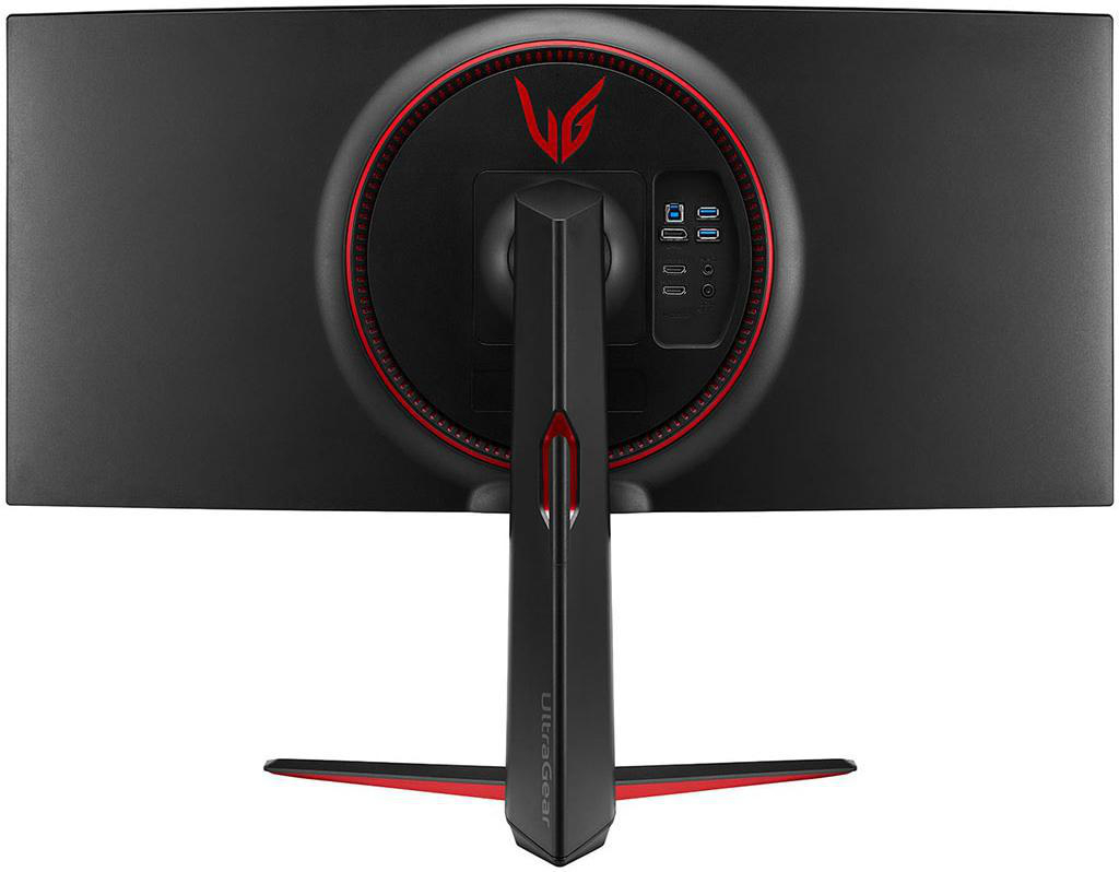 Rückansicht eines LG UltraGear Monitors. Es hat eine schwarze Oberfläche mit roten Akzenten und USB-Anschlüssen.
