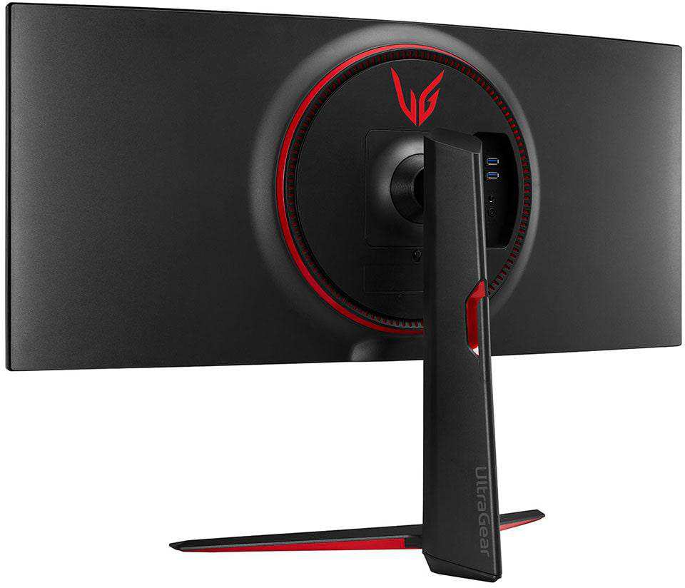 Rückseite eines schwarzen LG UltraGear-Monitors mit rotem Kreis und Ständer.