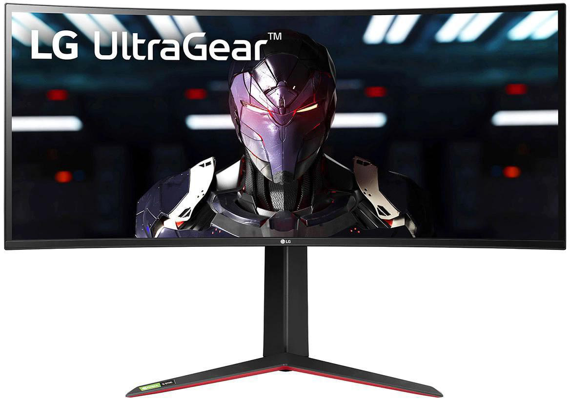 Ein gebogener LG UltraGear Gaming-Monitor mit einer futuristischen Spielszene auf dem Bildschirm.