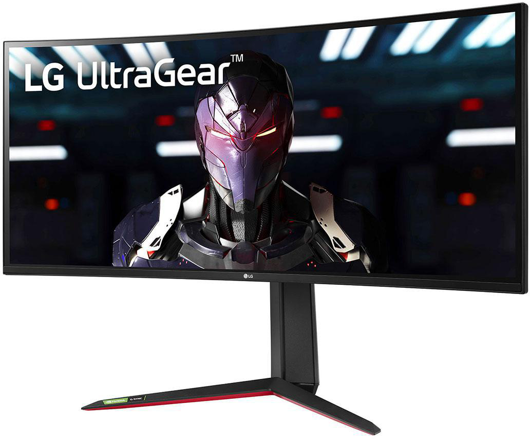 Gebogener Ultrawide LG Monitor. Spielszene. Schwarzer Ständer mit roten Akzenten.
