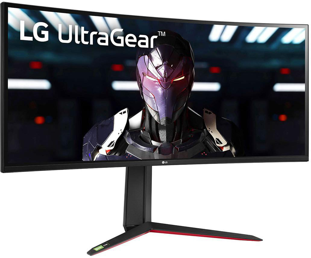 Ein gekrümmter LG UltraGear Monitor zeigt eine futuristische Figur in einer dunklen Umgebung.