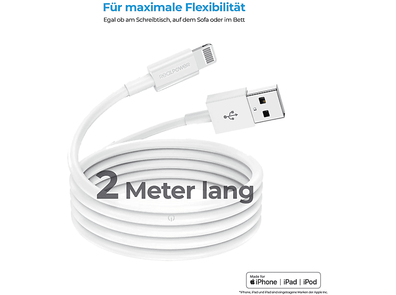 Thumbnail - REALPOWER USB Lightning, Ladekabel, 2 m, Weiß