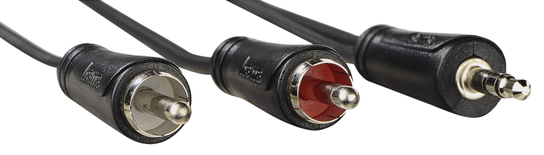 Fekete audiokábel 3,5 mm-es jack csatlakozóval és két RCA csatlakozóval, fehér háttérrel.