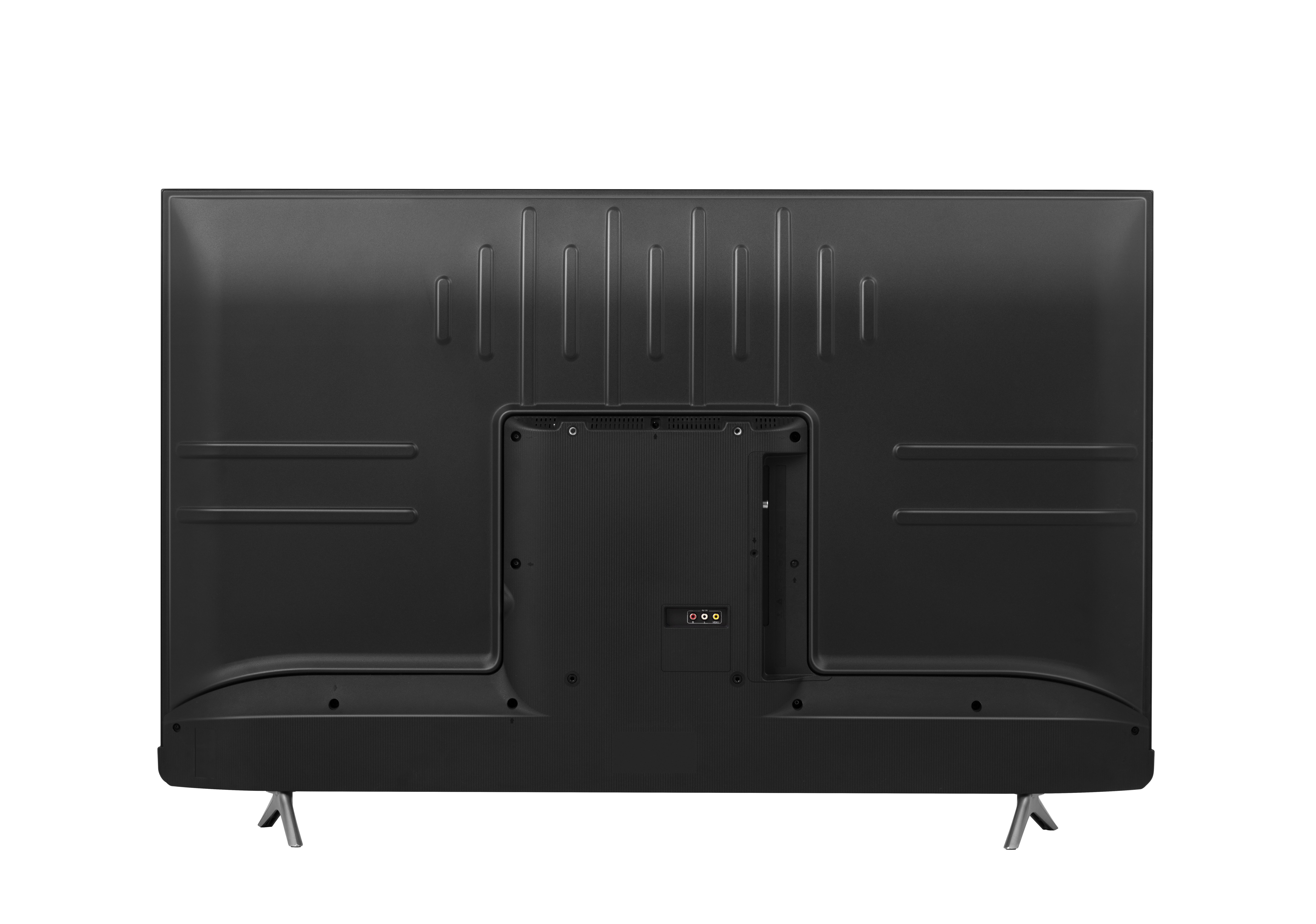 Rückseite eines schwarzen Fernsehers, mit Anschlüssen und Design.
