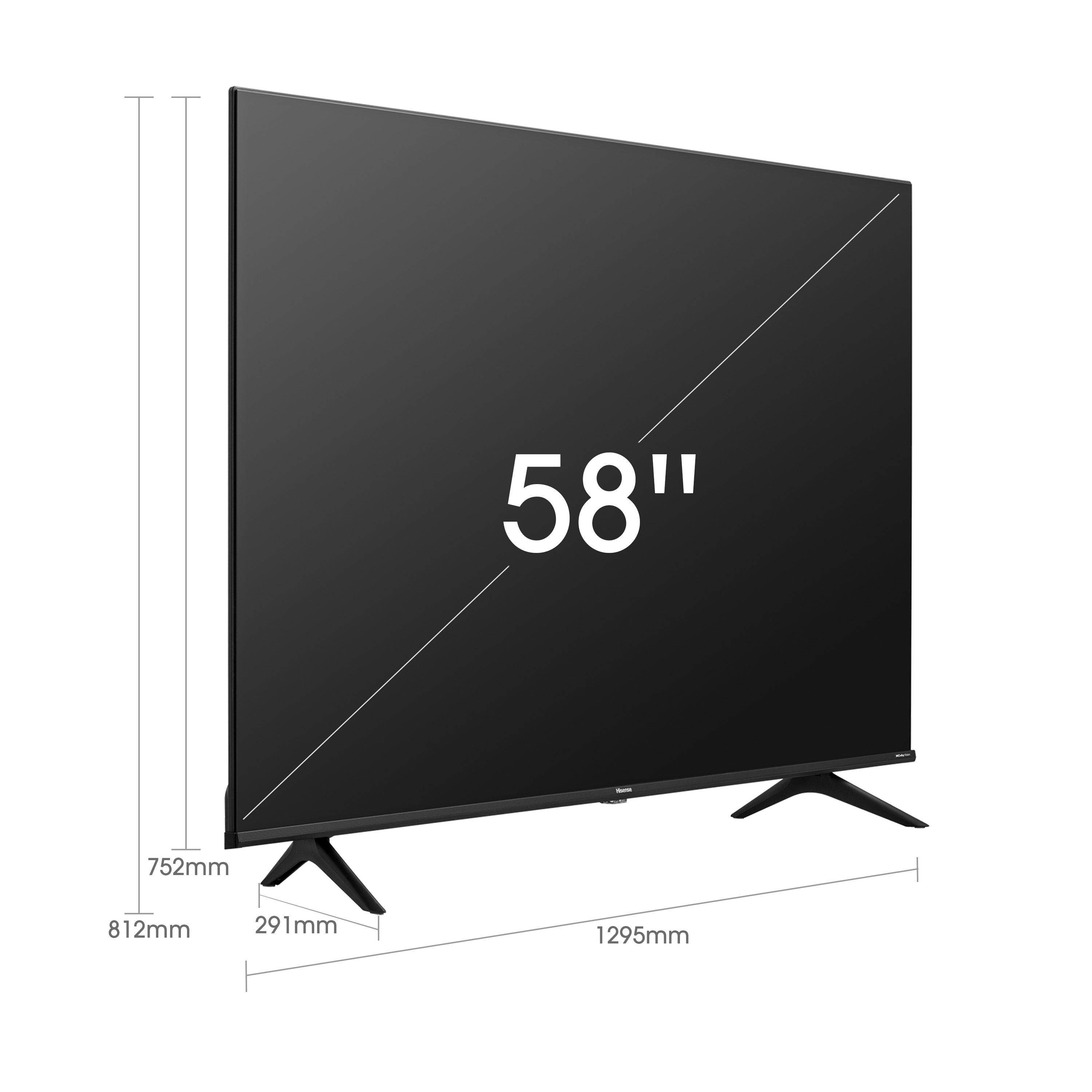 58-Zoll-Fernseher. Der Bildschirm ist schwarz. Der Fernseher steht auf einem Ständer.