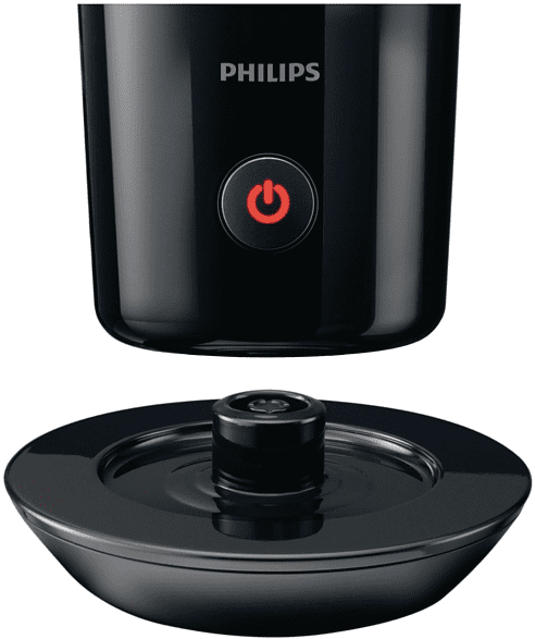 Close-up van een zwarte Philips apparaatvoet met een rode aan/uit-knop en een losgemaakte zwarte basis.