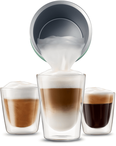 Drie glazen koffie. Eén gelaagd, één met schuim, één espresso.